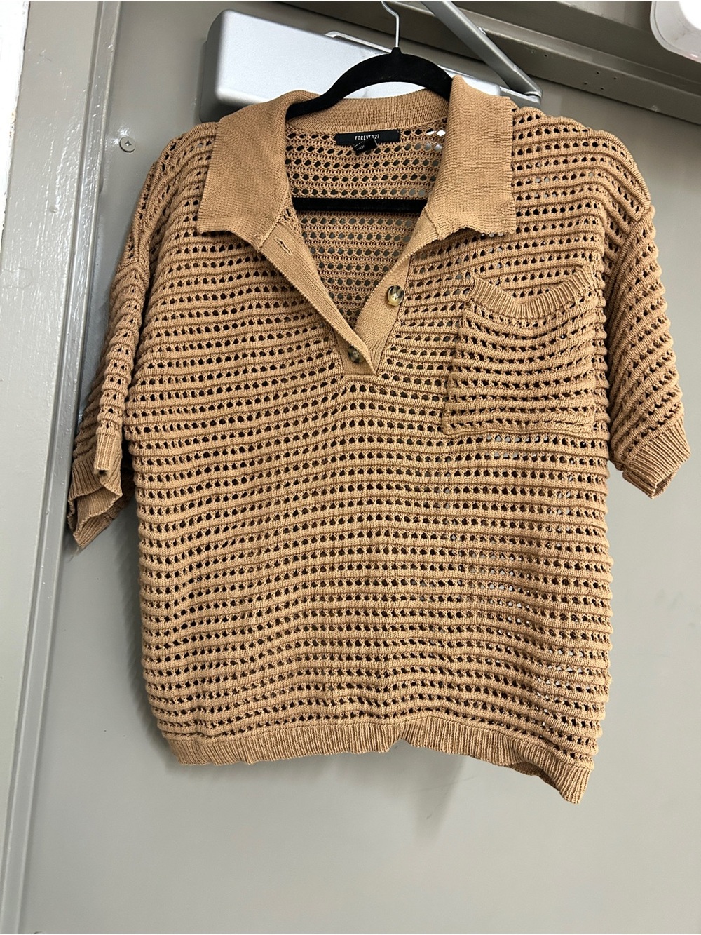 Forever 21 Tan Crochet Polo Sweater
